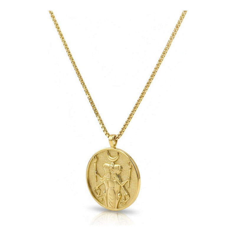 Triple Diosa Medalla Dorada Hecate Celta Con Cadena Dorado Dorada