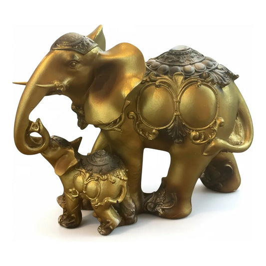 Figura Elefante De La Suerte Y Abundancia Mamá Y Cría 16cm Dorado