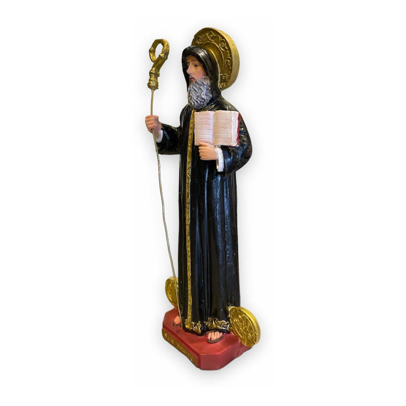 Handbemalte Skulptur des Heiligen Benedikt aus Kunstharz, 21 x 8,5 x 5 cm.