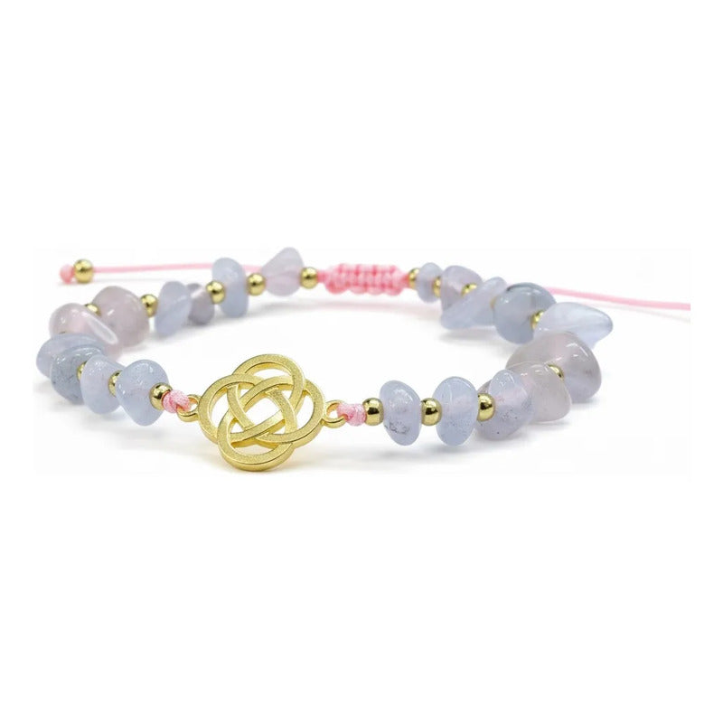 Pulsera De Cuarzo Separaciones De Metal En Hilo Ajustable Circulo Cuarzo Rosa 17 Cm