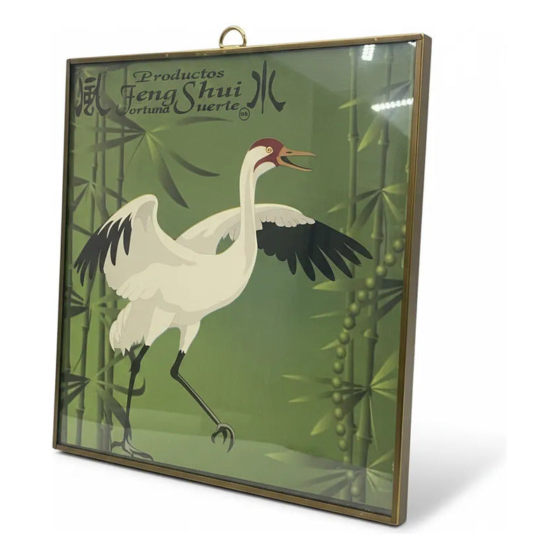 Cuadro Decorativo Feng Shui Grulla Bambú Suerte 20x20cm Dorado/verde
