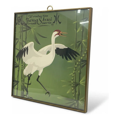 Cuadro Decorativo Feng Shui Grulla Bambú Suerte 20x20cm Dorado/verde