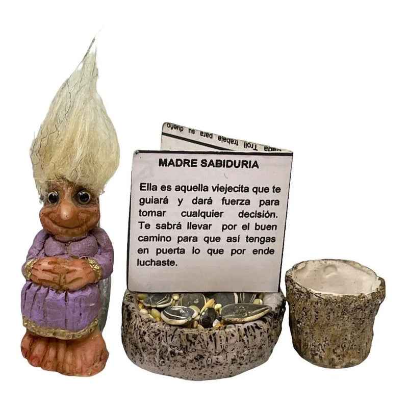 Troll Mini + Comedero + Semillas + Tarjeta Varios Modelos Madre Sabiduria 7cm