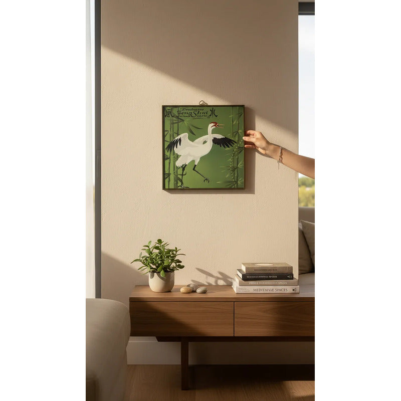 Cuadro Decorativo Feng Shui Grulla Bambú Suerte 20x20cm Dorado/verde