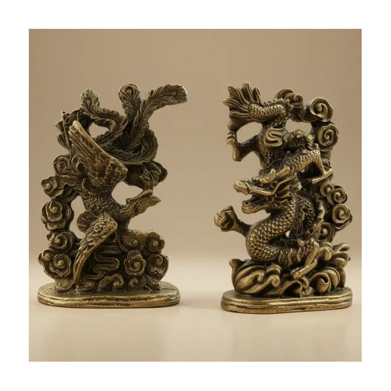 Kit Feng Shui: Ave Fénix Estatua Resina Dorado Oscuro 13cm + Dragón Chino Abundancia Dorado 13cm by HEREJE