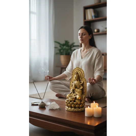 Figura Diosa Kuan Yin Resina 19 Cm Feng Shui Dorado