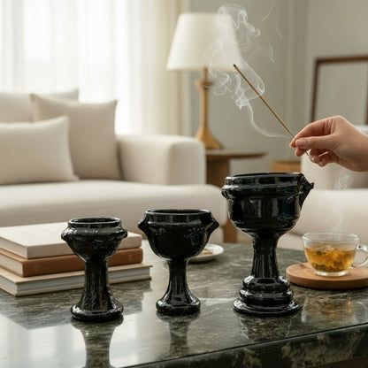 Sahumerio Copalera Porta Incienso Barro Vidriado 20x12x15 Cm Negro Lisa