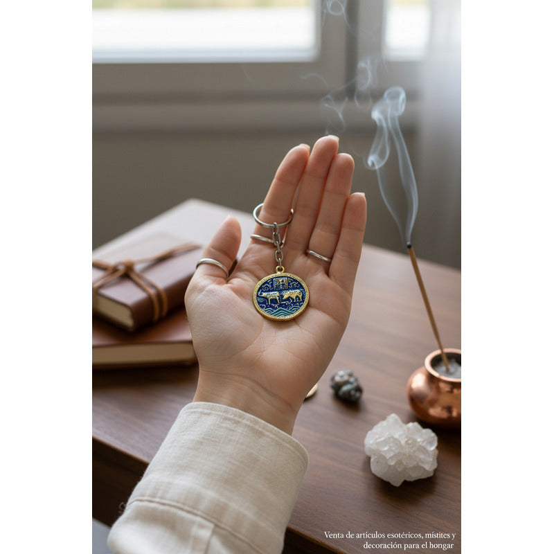 Llavero Feng Shui Elefante Y Rinoceronte Metal Hereje Azul