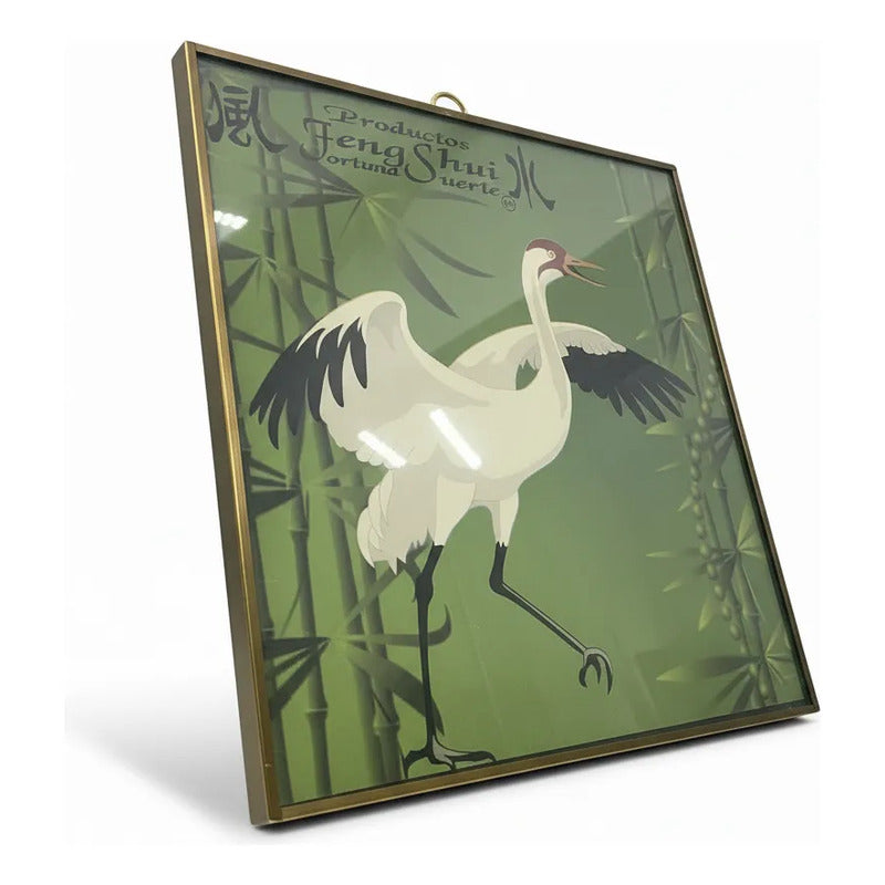 Cuadro Decorativo Feng Shui Grulla Bambú Suerte 20x20cm Dorado/verde