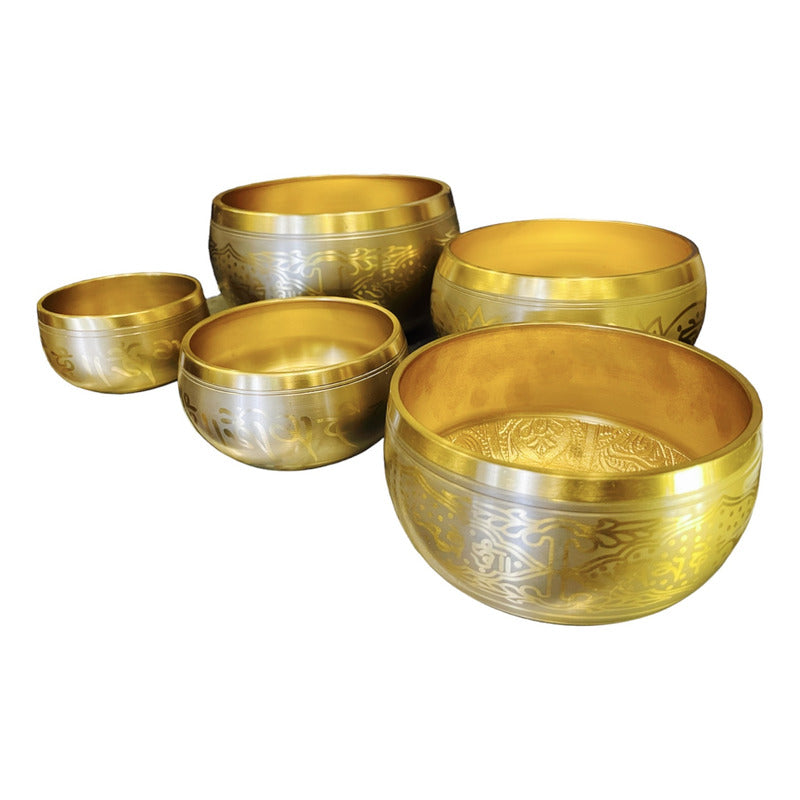 Cuenco Tibetano 7 Metales Juego De 5 Piezas En Color Dorado