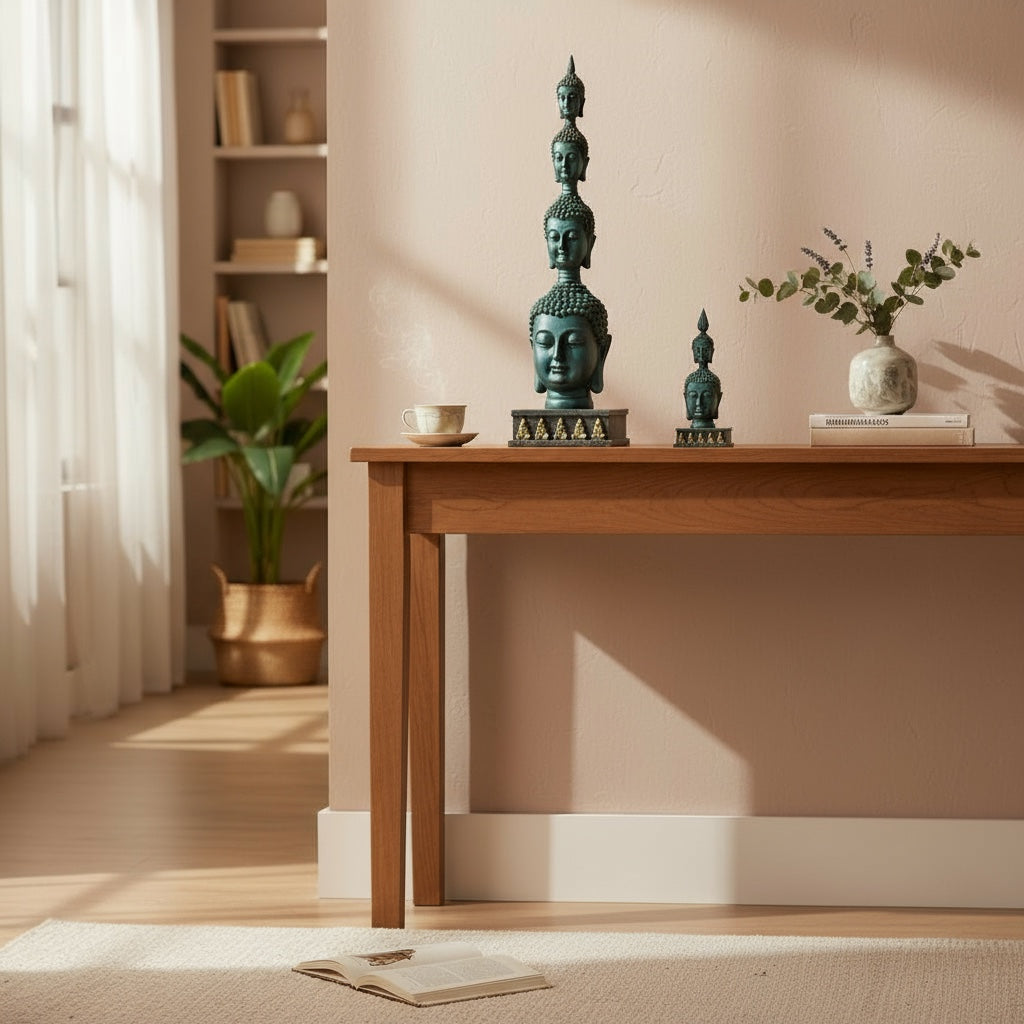 Buddha-Sockelköpfe aus Kunstharz, Figur 26 cm hoch