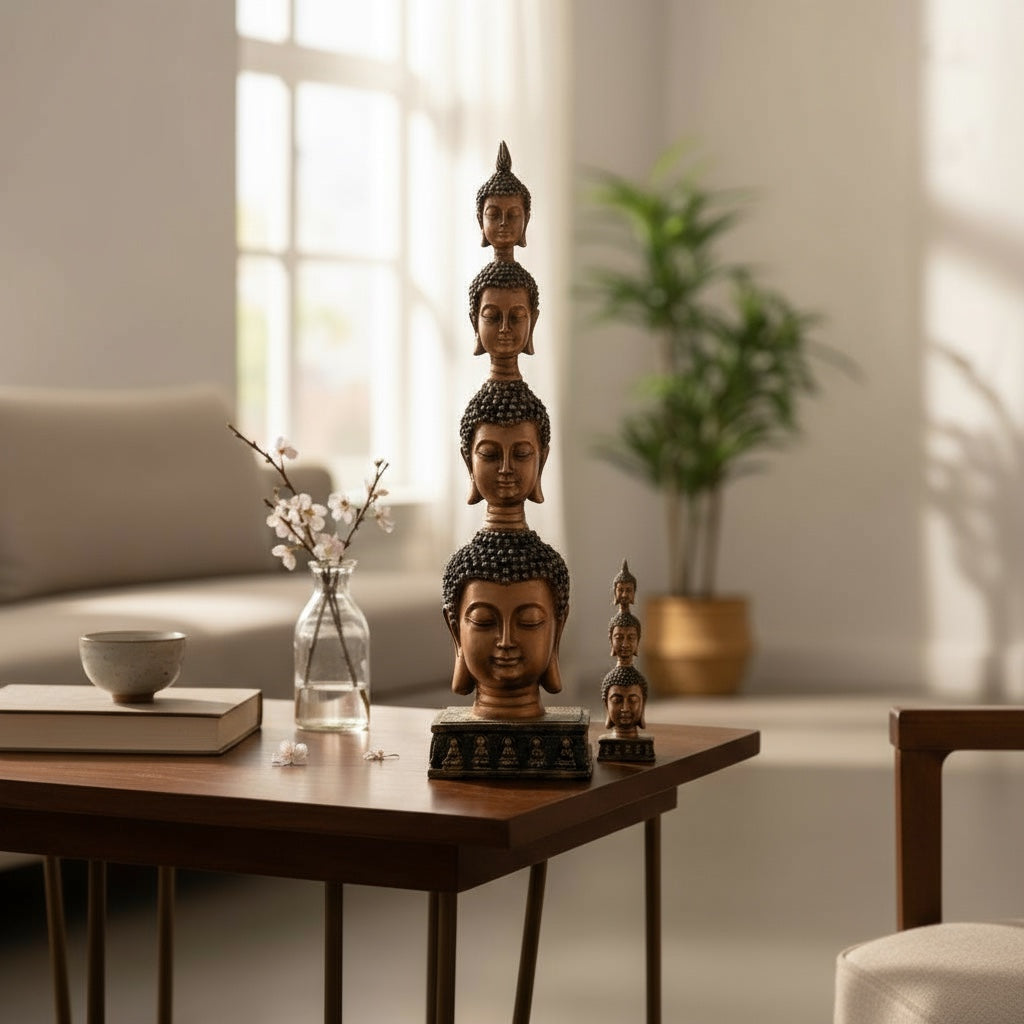 Buddha-Sockelköpfe aus Kunstharz, Figur 26 cm hoch